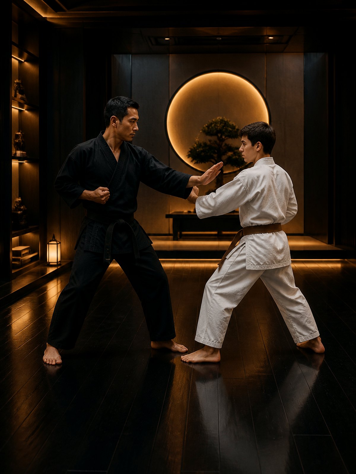 A karate instructor with a student.