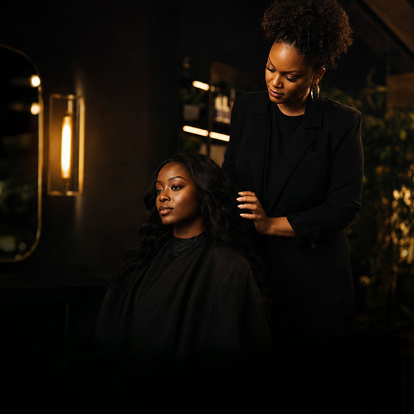 A salon professional caring for a client.